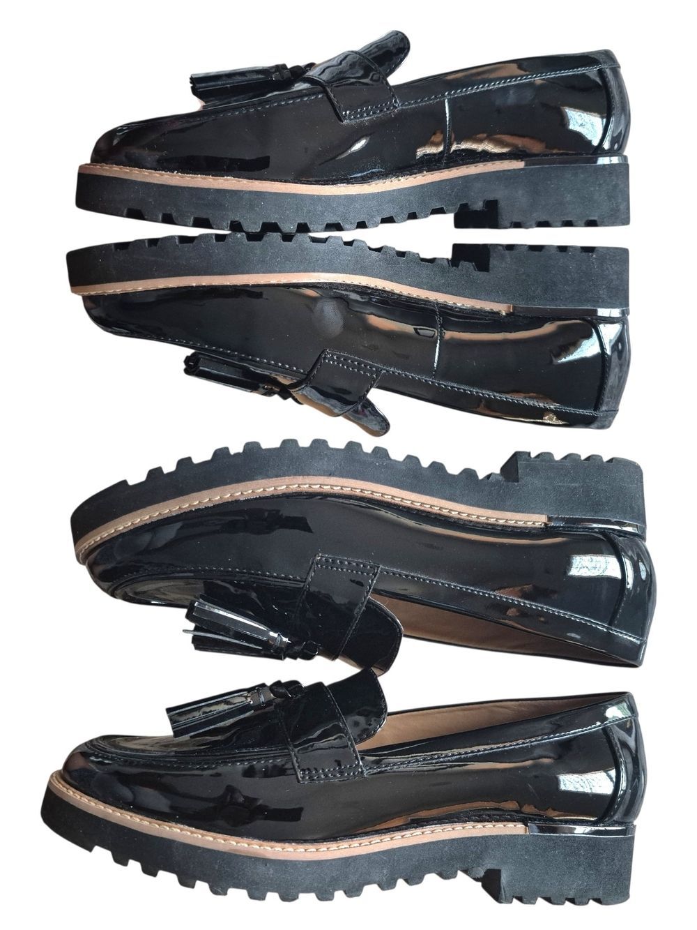 Black Patent Leather Tassel Lug Sole Loafers Chunky Platform 8.5M Academia Fall - Picture 2 of 7